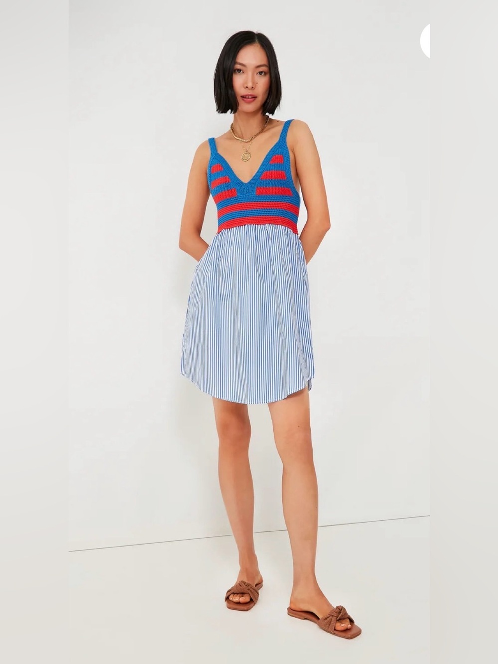 KULE The Esmee Cotton Midi Dress Crochet Bodice Stripe Skirt Size Small